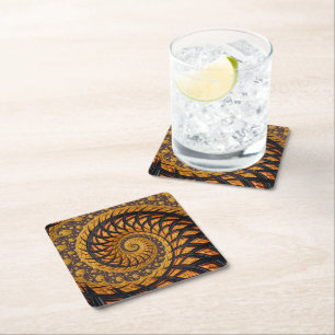 Abstract Black and Gold Spiral Fractal Square Paper Coaster