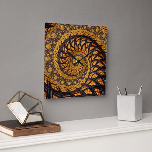 Abstract Black and Gold Spiral Fractal Square Wall Clock