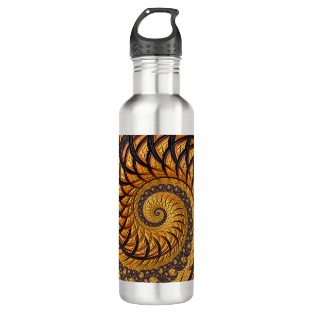 Abstract Black and Gold Spiral Fractal Stainless Steel Water Bottle (Front)