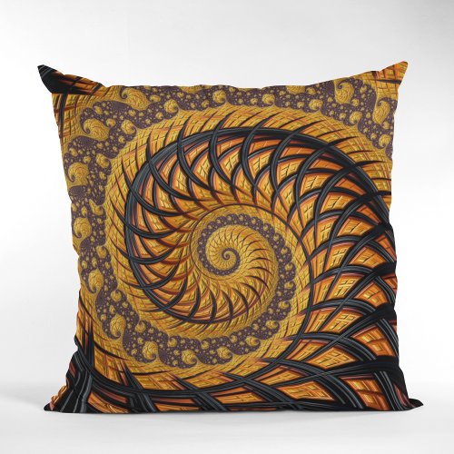 Abstract Black and Gold Spiral Fractal Throw Pillow
