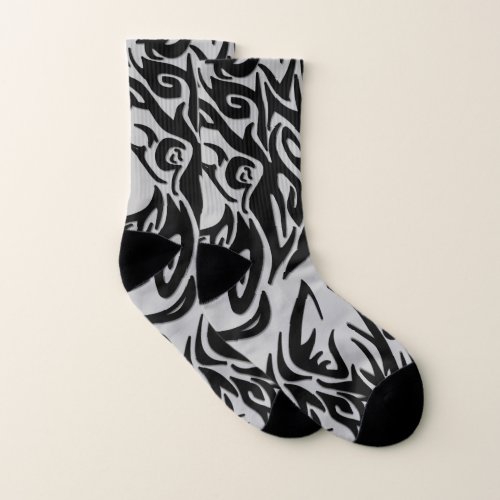 Abstract Black and Gray Tribal Wolf Socks