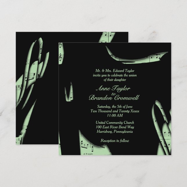 Abstract Black and Green Music Wedding Invitation (Front/Back)