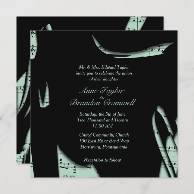 Abstract Black and Mint Music Wedding Invitation (Front/Back)