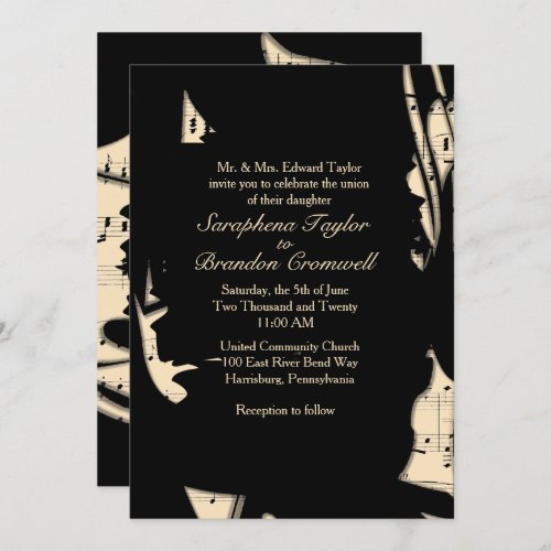 Abstract Black and Peach Music Wedding Invitation