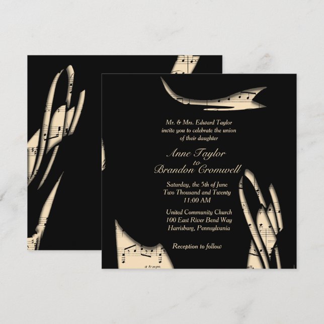 Abstract Black and Peach Music Wedding Invitation (Front/Back)