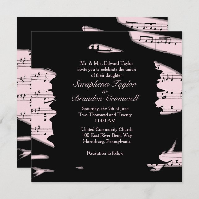 Abstract Black and Pink Music Wedding Invitation (Front/Back)