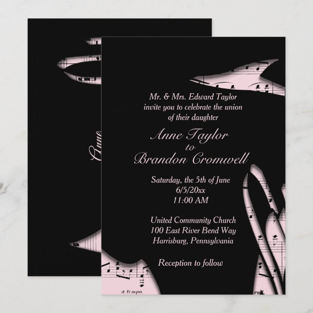 Abstract Black and Pink Music Wedding Invitation (Front/Back)