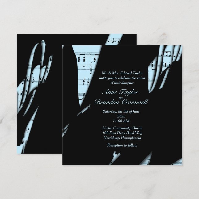 Abstract Black and Powder Blue Music   Invitation (Front/Back)