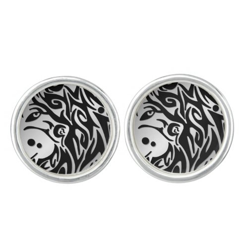 Abstract Black and Silver Tribal Wolf Cufflinks