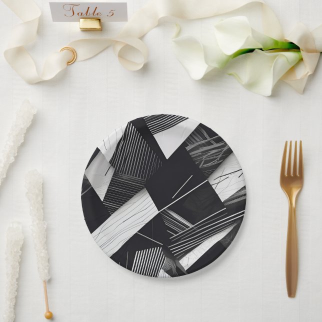 Abstract Black and White Dark Geometric Pattern Paper Plates (Wedding)