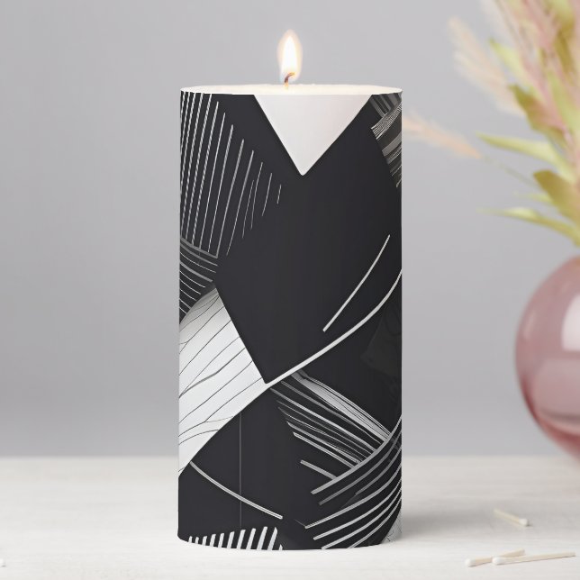 Abstract Black and White Dark Geometric Pattern Pillar Candle (In Situ)