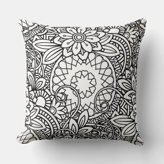Abstract Black And White Doodles Throw Pillow (Front)