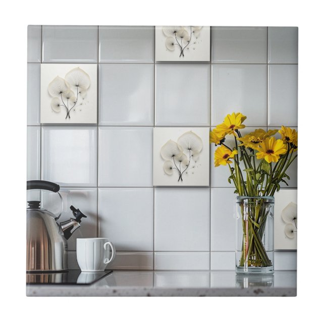 Abstract Black And White Floral Ceramic Tile (Front)