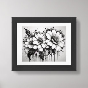 Abstract Black and White Floral Ink Drips Framed Art