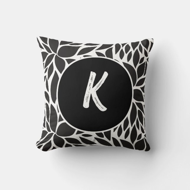 Abstract Black and White Floral Monogram Throw Pillow (Front)
