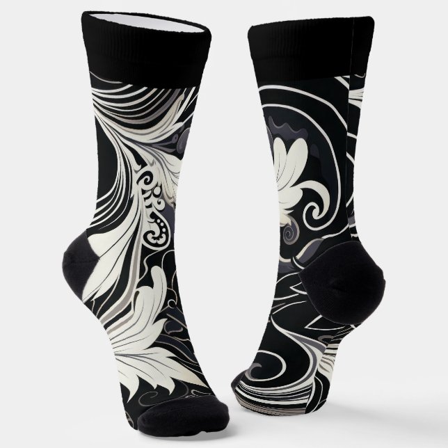 Abstract Black and White Floral Print Socks (Angled)