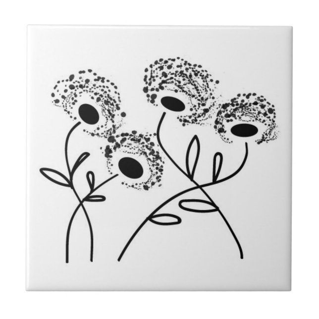 abstract black and white flowers ceramic tile (Front)