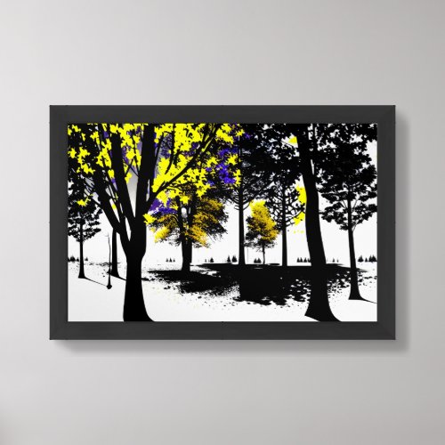Abstract Black and White Forest with Yellow Leaves Framed Art