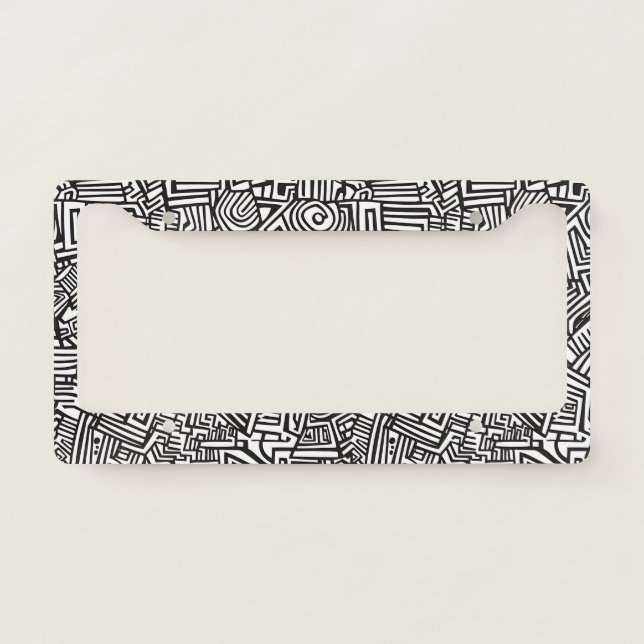Abstract Black and White Geometric Line Pattern License Plate Frame (Front)