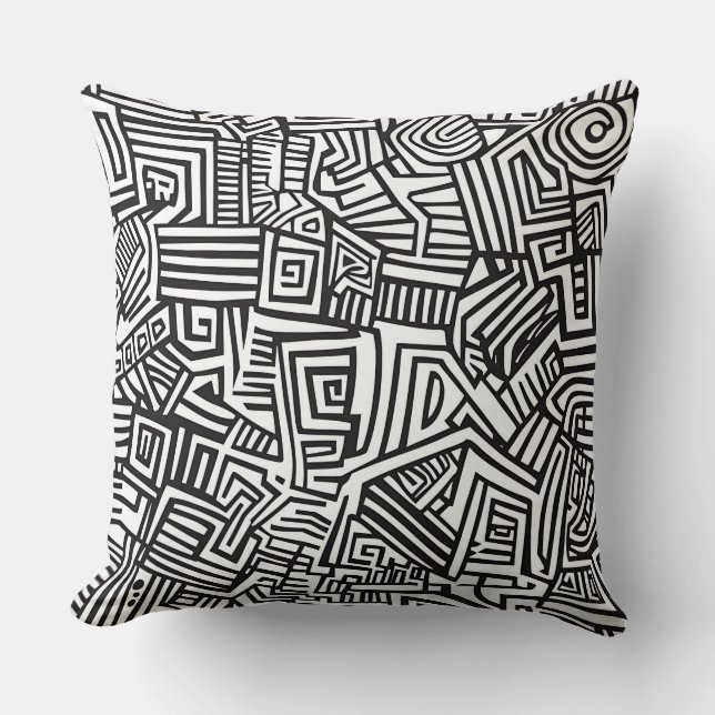 Abstract Black and White Geometric Line Pattern Throw Pillow (Front)
