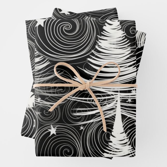 Abstract Black and White Holidays Trees Magnet Wrapping Paper Sheets (In situ)