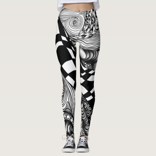 Abstract black and white line tangle leggings