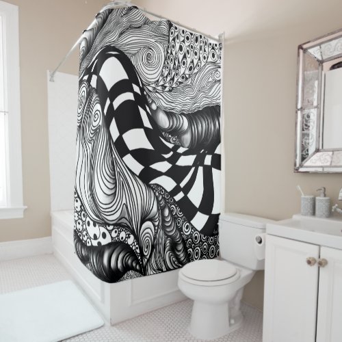 Abstract black and white line tangle shower curtain