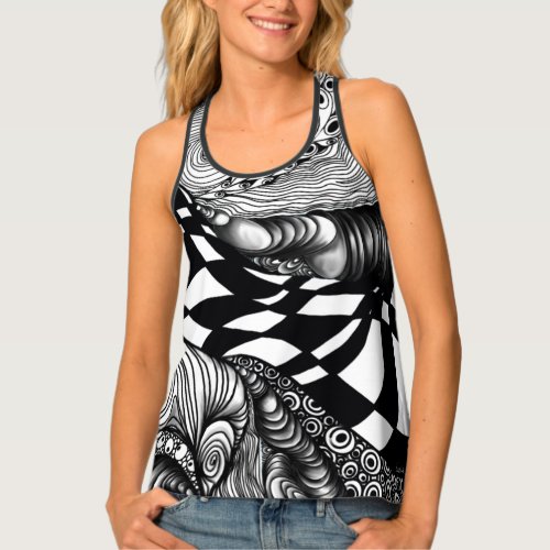 Abstract black and white line tangle tank top