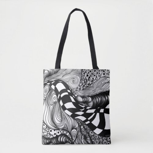 Abstract black and white line tangle tote bag