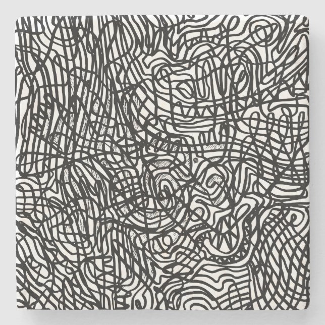 Abstract Black and White Lines Pattern Stone Coaster (Front)
