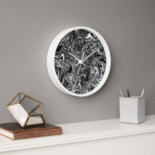 Abstract Black and White Liquid Marble Clock