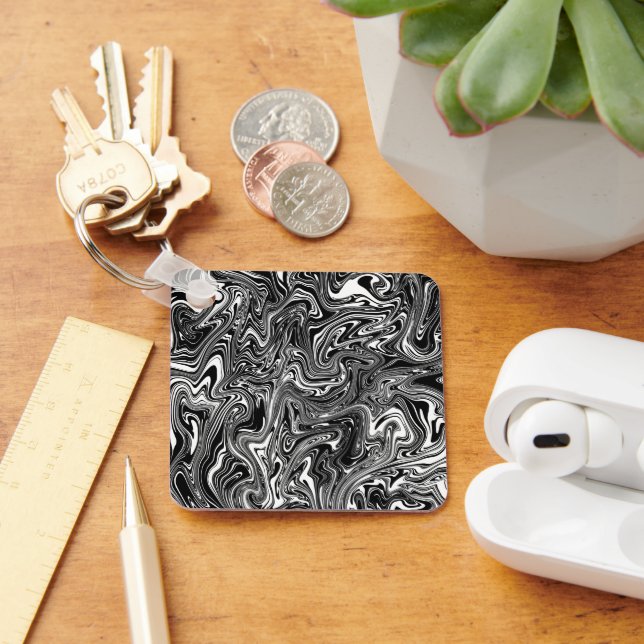 Abstract Black and White Liquid Marble Keychain (Desk)