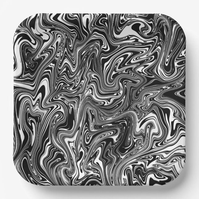 Abstract Black and White Liquid Marble Paper Plates (Front)