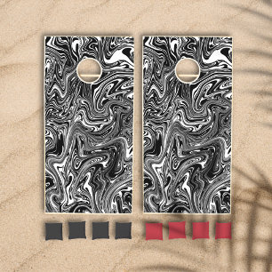 Abstract Black and White Liquid Marble Pattern Cornhole Set