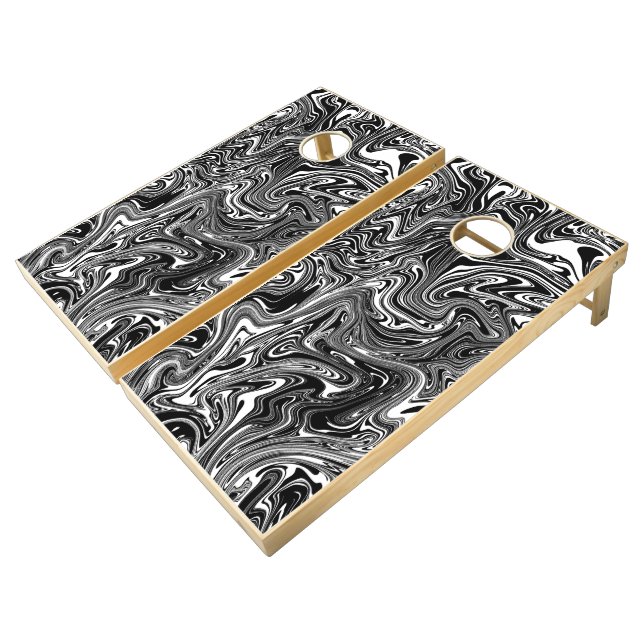 Abstract Black and White Liquid Marble Pattern Cornhole Set (Angled)