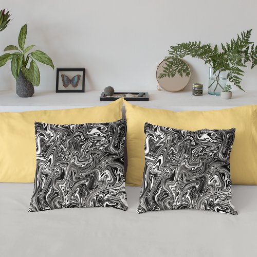 Abstract Black and White Liquid Marble Throw Pillow