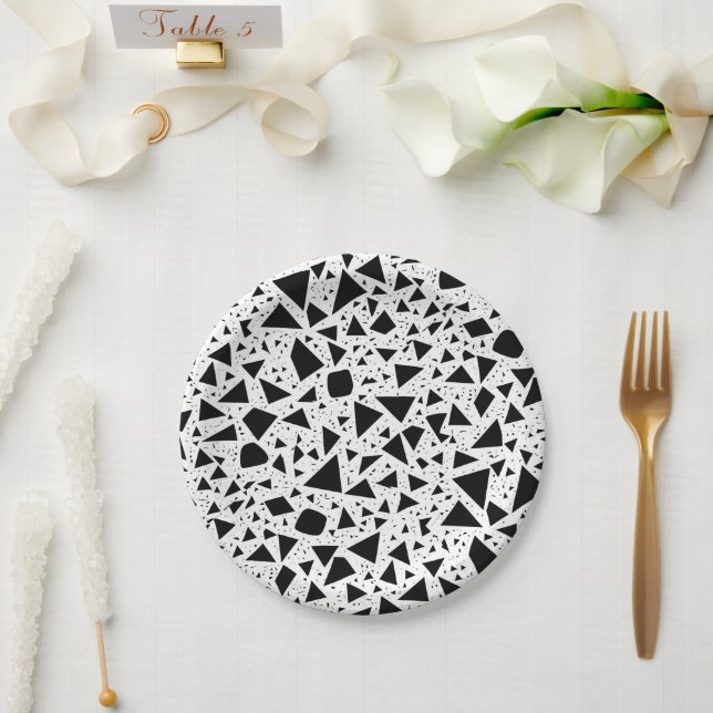 Abstract Black and White Shapes Pattern Paper Plates (Wedding)