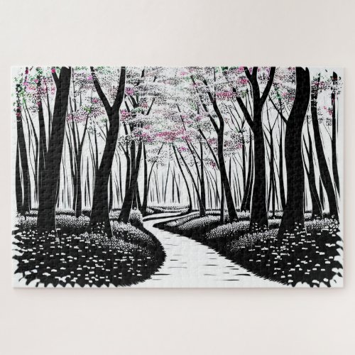 Abstract Black and White Silhouette Forest Path Jigsaw Puzzle
