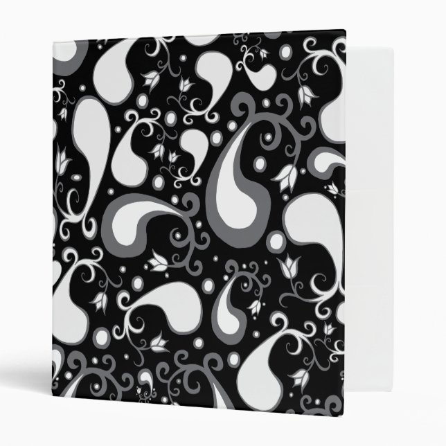 Abstract black and white Tulip Paisley Floral 3 Ring Binder (Front/Inside)