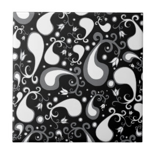 Abstract black and white Tulip Paisley Floral Ceramic Tile
