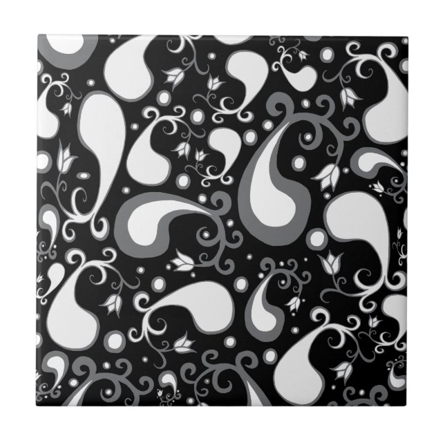 Abstract black and white Tulip Paisley Floral Ceramic Tile (Front)