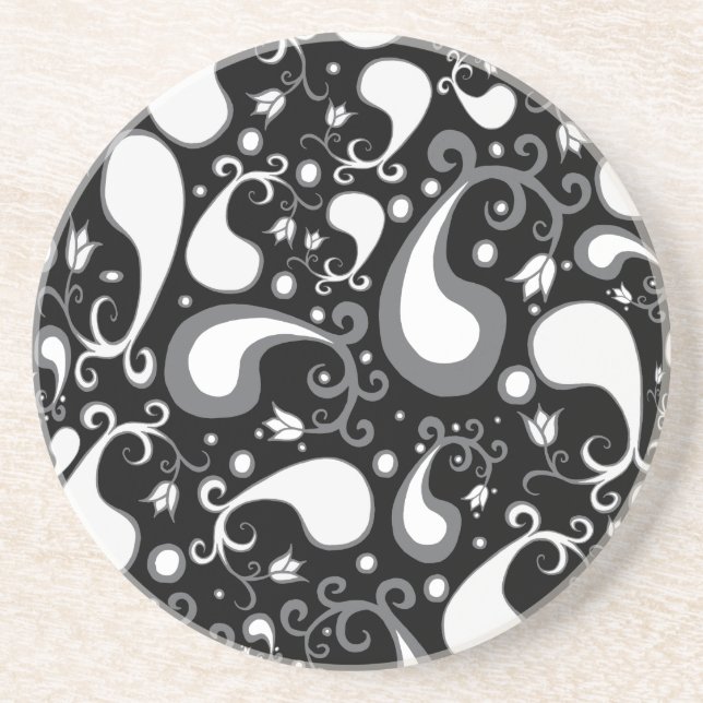 Abstract black and white Tulip Paisley Floral Drink Coaster (Front)
