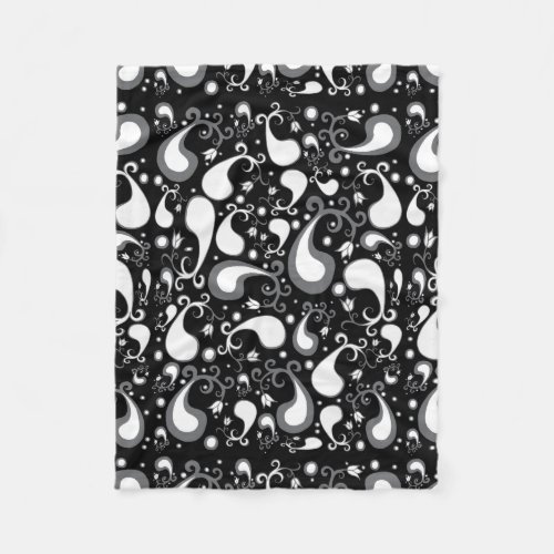 Abstract black and white Tulip Paisley Floral Fleece Blanket