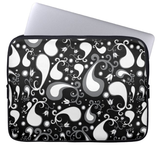 Abstract black and white Tulip Paisley Floral Laptop Sleeve (Front)