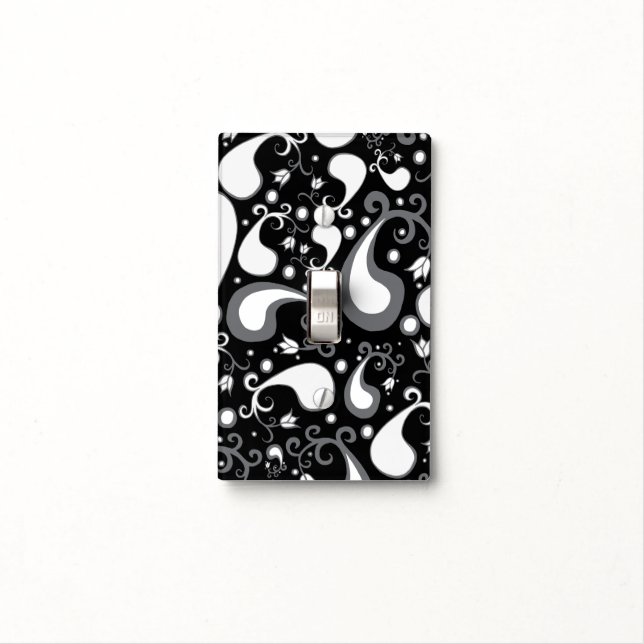 Abstract black and white Tulip Paisley Floral Light Switch Cover (In Situ)