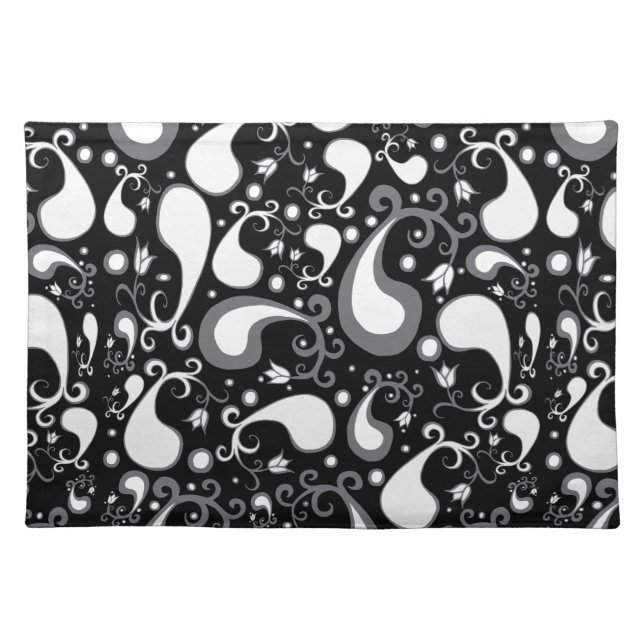 Abstract black and white Tulip Paisley Floral Placemat (Front)