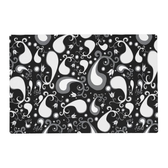 Abstract black and white Tulip Paisley Floral Placemat (Front)