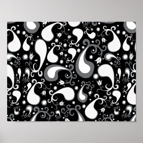 Abstract black and white Tulip Paisley Floral Poster