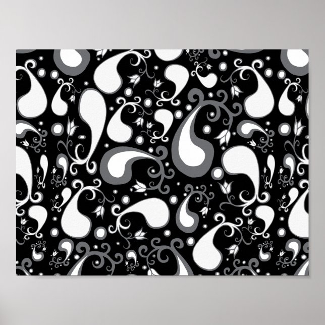 Abstract black and white Tulip Paisley Floral Poster (Front)