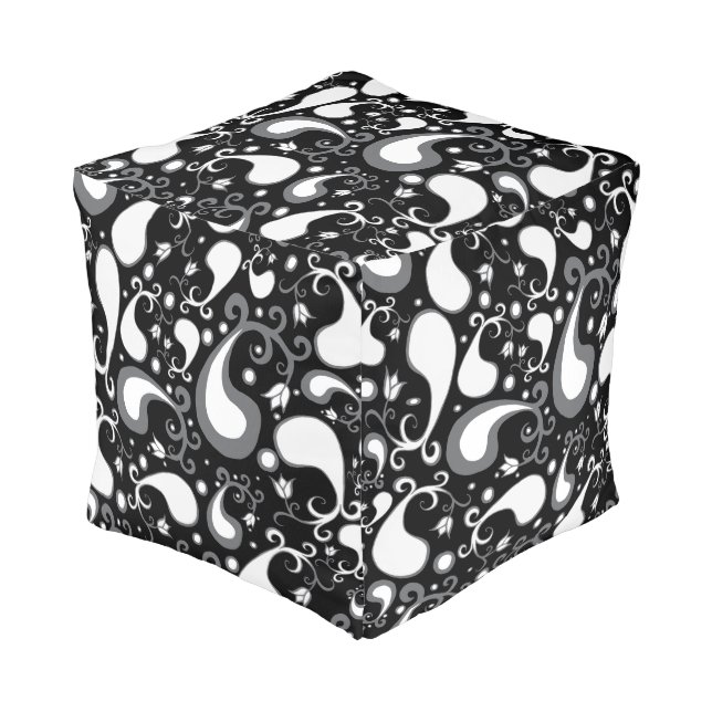 Abstract black and white Tulip Paisley Floral Pouf (Angled Front)